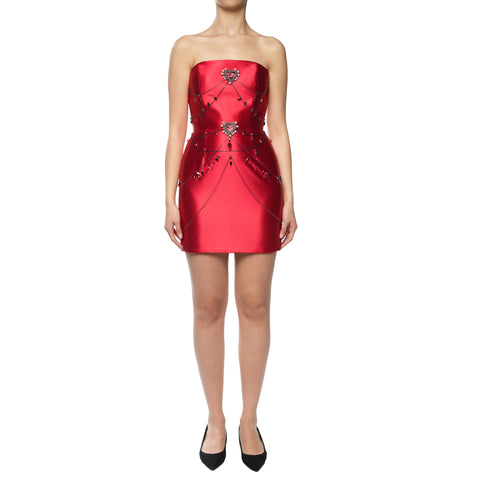 EVENING RED DRESS WITH CHAINS AND BROOCHES