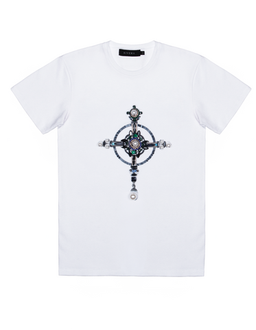T-shirt with pearl & rhinestone cross